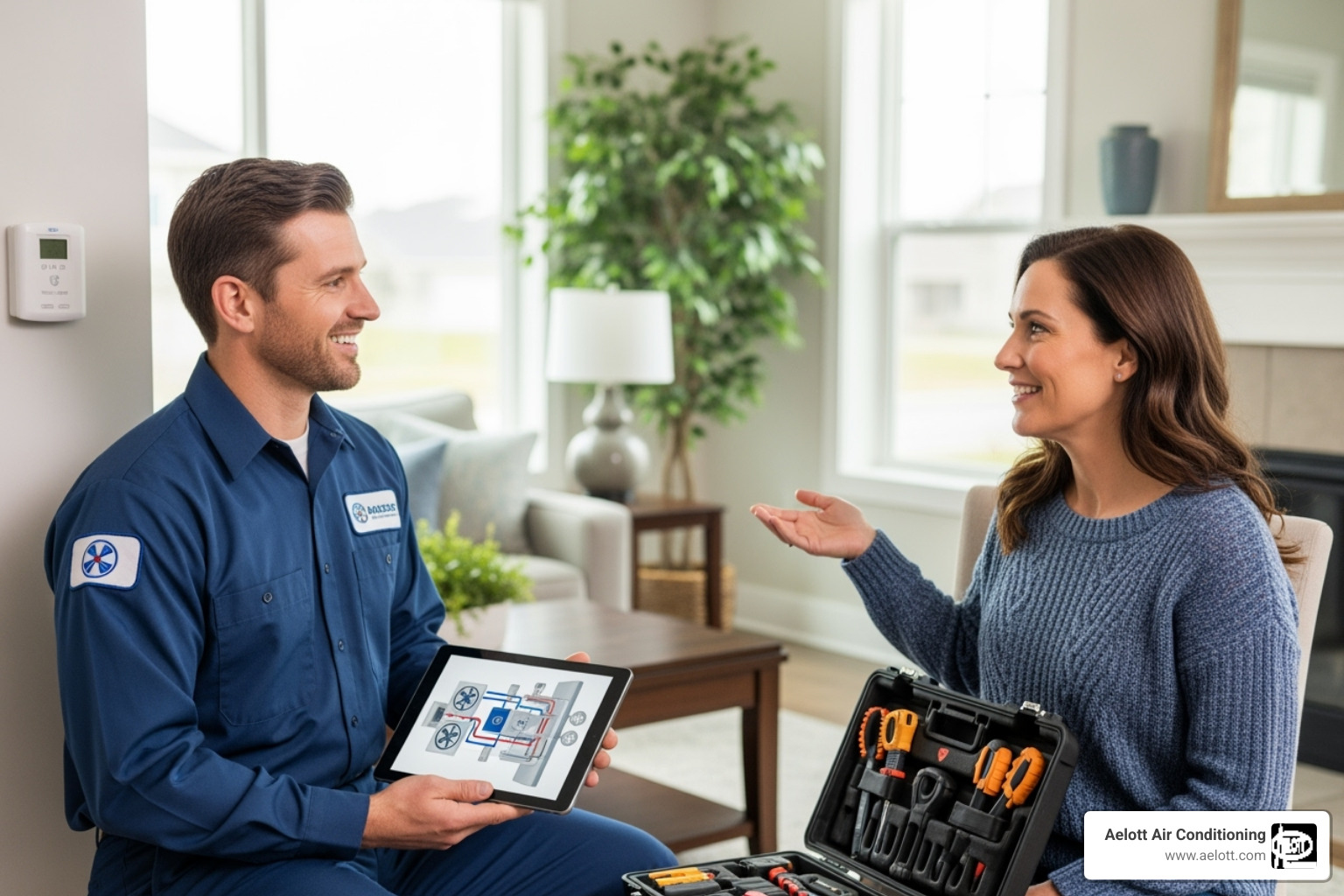 of a friendly, uniformed technician speaking with a homeowner - Furnace repair San Diego County