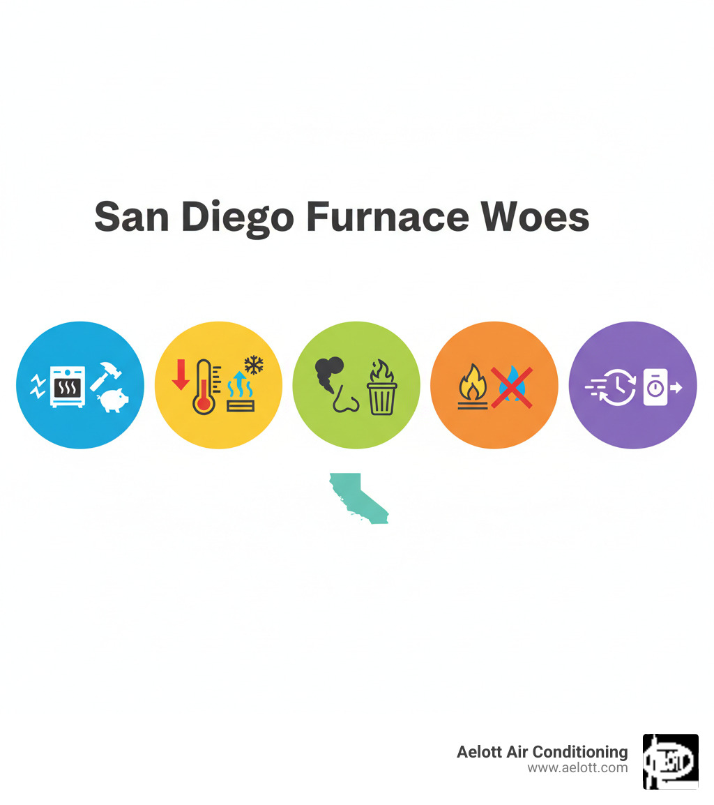 Infographic showing the top 5 warning signs a furnace needs repair in San Diego County: unusual noises like banging or squealing, inconsistent heating or cold air from vents, strange burning or musty smells, yellow pilot light instead of blue, and frequent on-off cycling - Furnace repair San Diego County infographic 