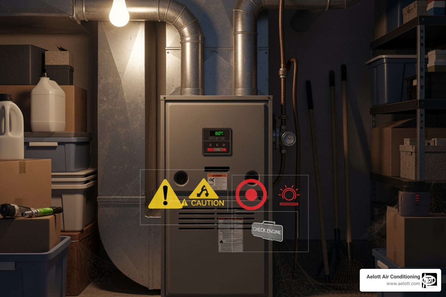 of a furnace unit in a garage or closet with warning icons overlaid - Furnace repair San Diego County