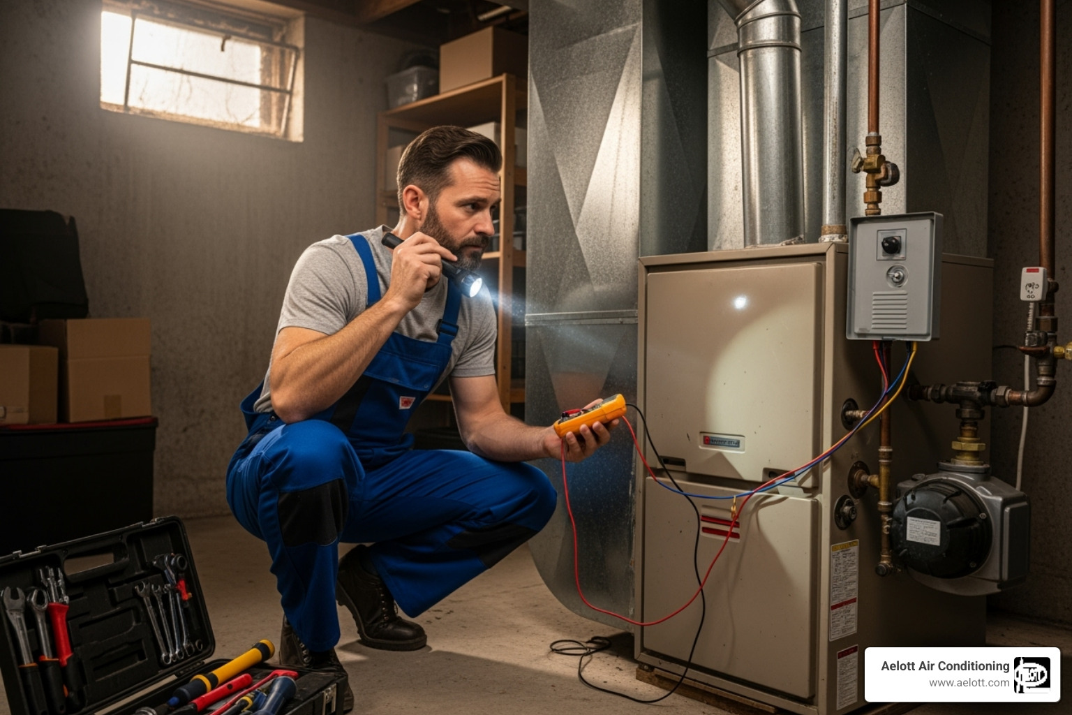 of a technician inspecting an older furnace unit - Furnace repair San Diego County