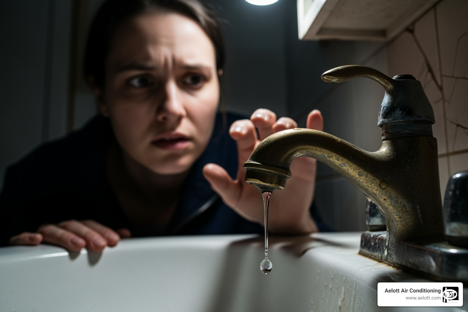 person looking concerned at their water faucet - tankless water heater repair