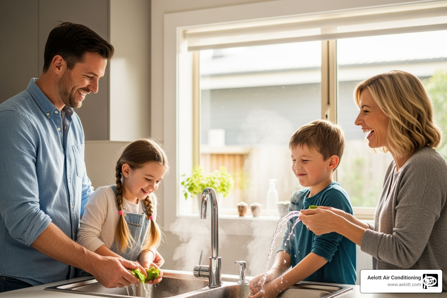happy family enjoying hot water from a kitchen sink - tankless water heater repair