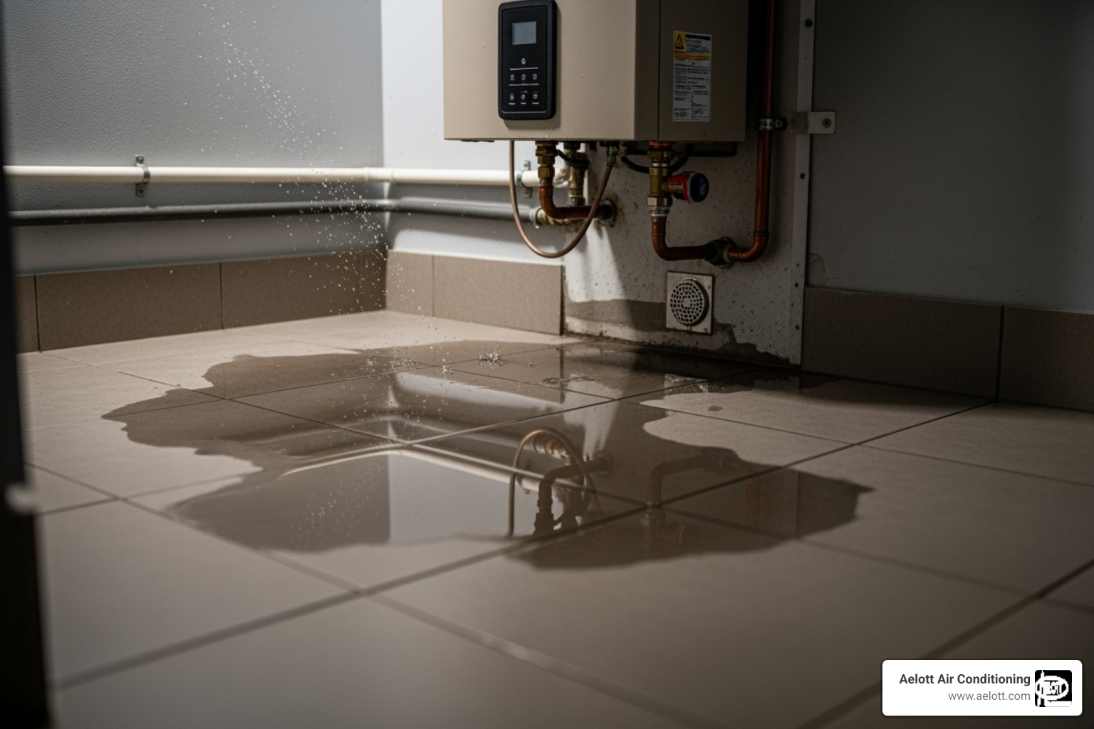 small puddle of water beneath a tankless water heater - tankless water heater repair