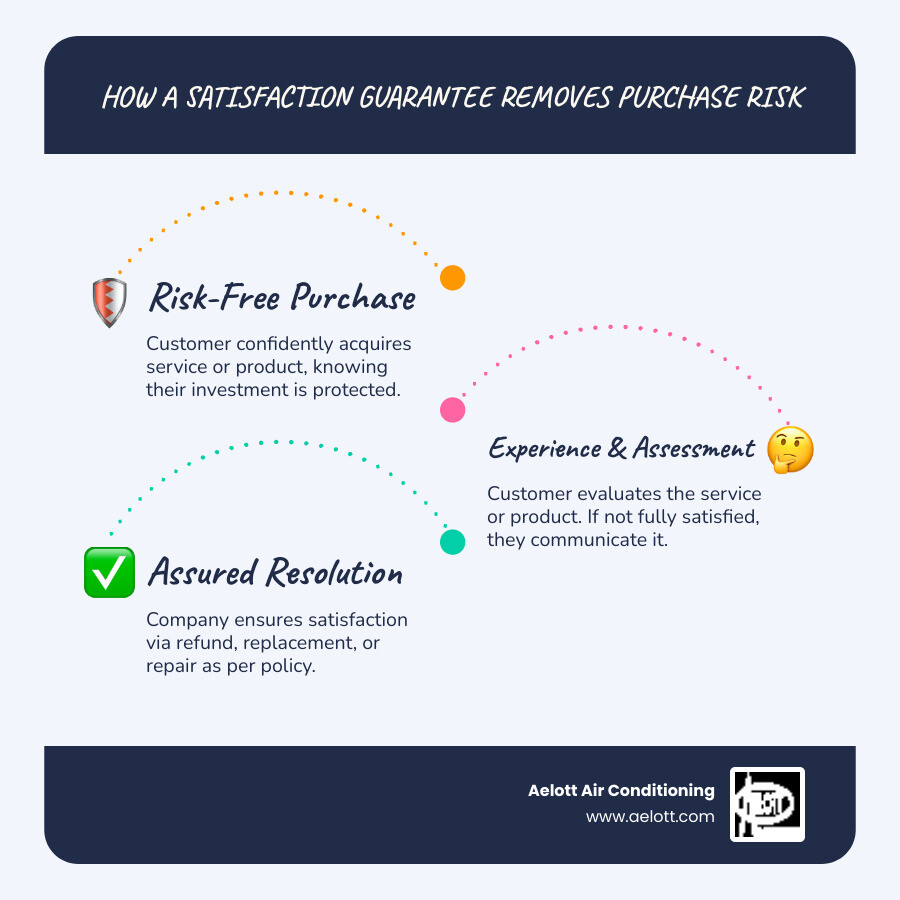 Infographic showing how a 100% satisfaction guarantee works: Customer purchases service → Service is delivered → Customer evaluates satisfaction → If unsatisfied, customer contacts company within timeframe → Company provides refund, repair, or replacement → Customer satisfaction restored - 100% satisfaction guarantee infographic infographic-line-3-steps-blues-accent_colors
