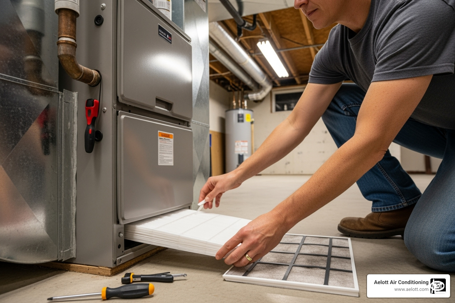 homeowner changing furnace filter - heating repair San Marcos