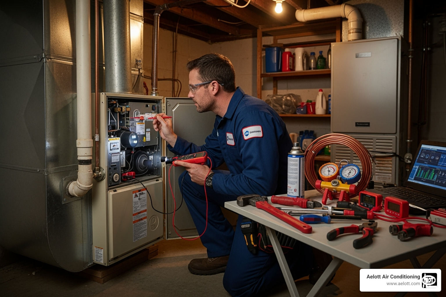 technician inspecting furnace - heating repair San Marcos