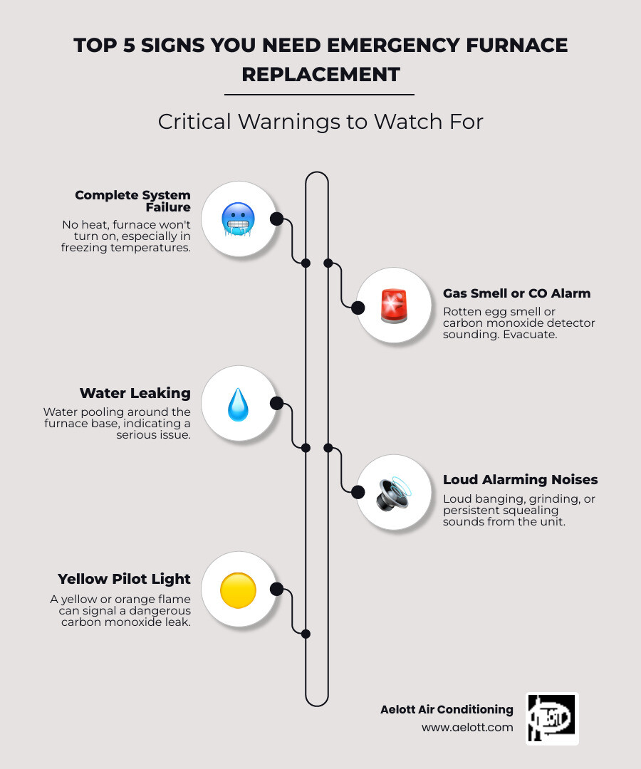 Infographic showing the top 5 signs requiring emergency furnace replacement: complete system failure in cold weather, gas smell or carbon monoxide detection, water leaking around the furnace, loud grinding or banging noises, and yellow pilot light flame indicating potential carbon monoxide leak - emergency furnace installation infographic infographic-line-5-steps-neat_beige