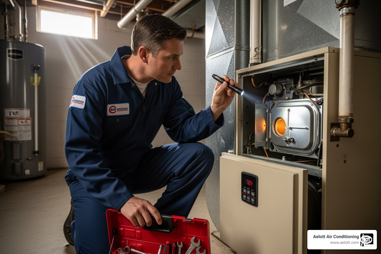 Image of a uniformed technician inspecting a furnace - emergency furnace installation