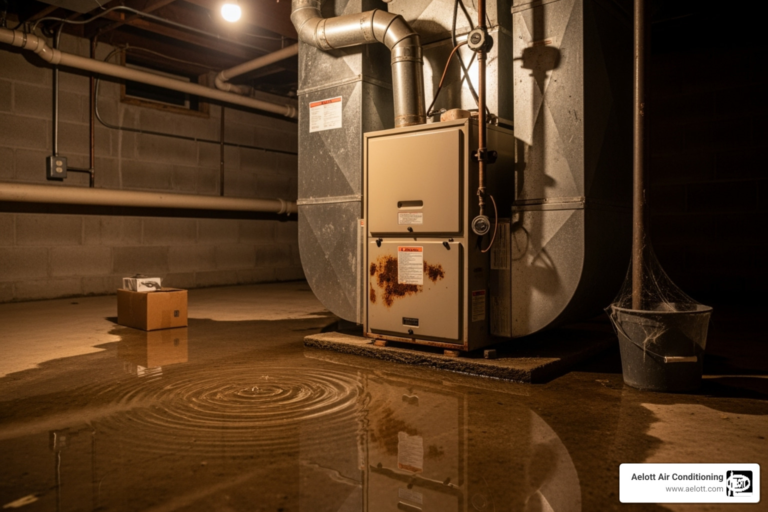 Image of water pooling around the base of a furnace - emergency furnace installation