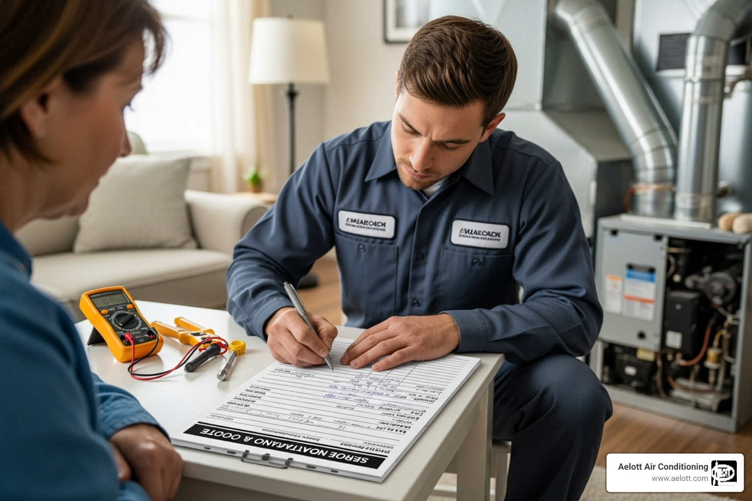 HVAC technician writing up a detailed quote for a customer - electric furnace installation