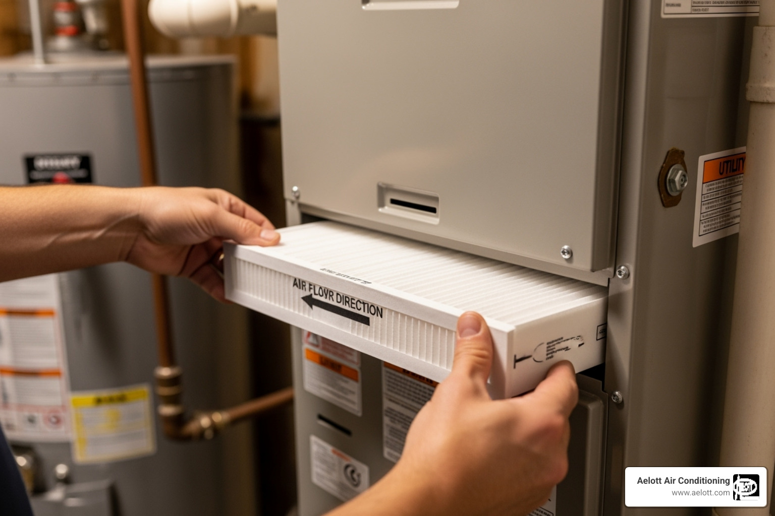 homeowner easily sliding a new filter into their electric furnace - electric furnace installation