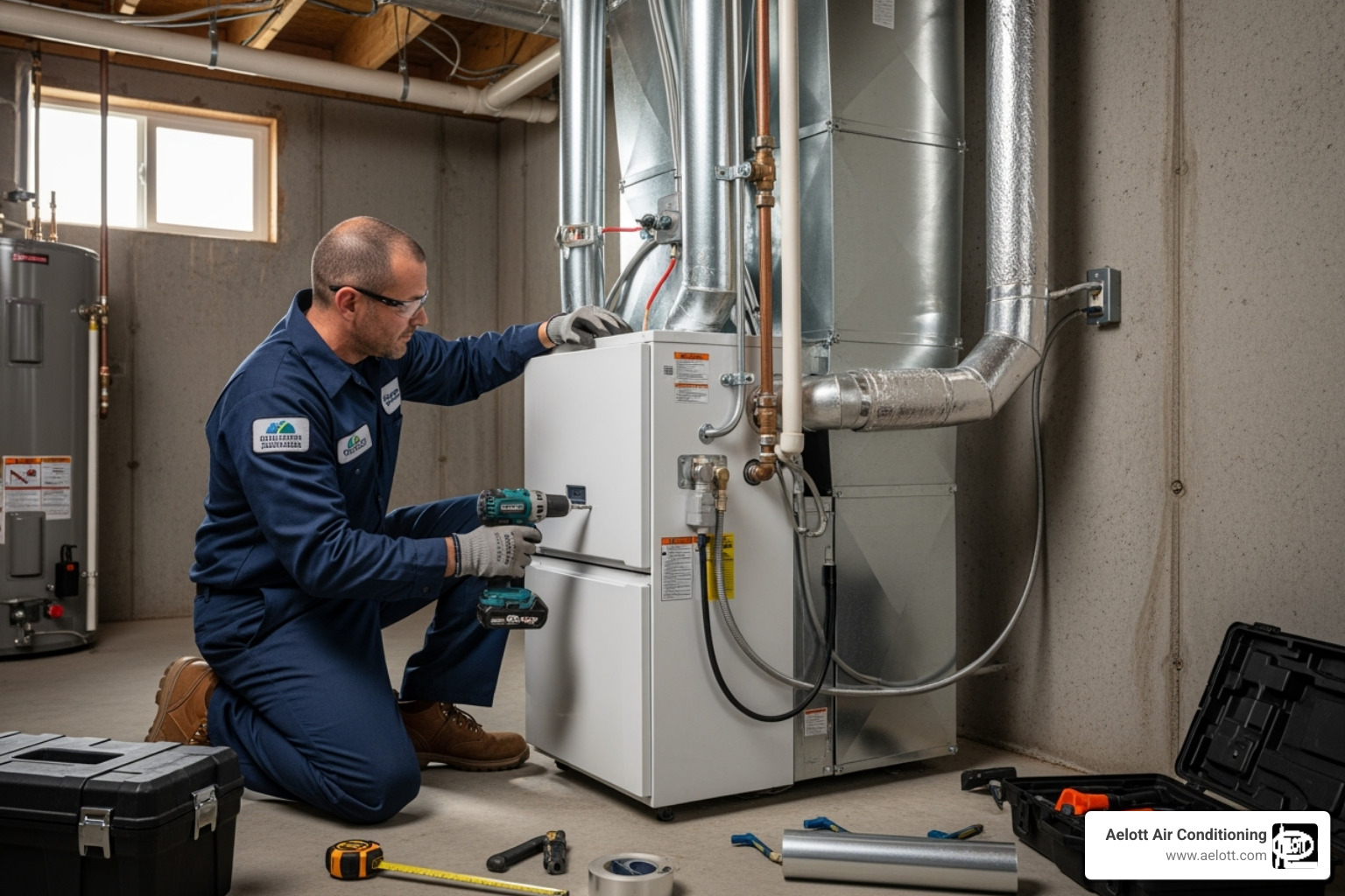 certified technician carefully connecting ductwork to a new electric furnace - electric furnace installation