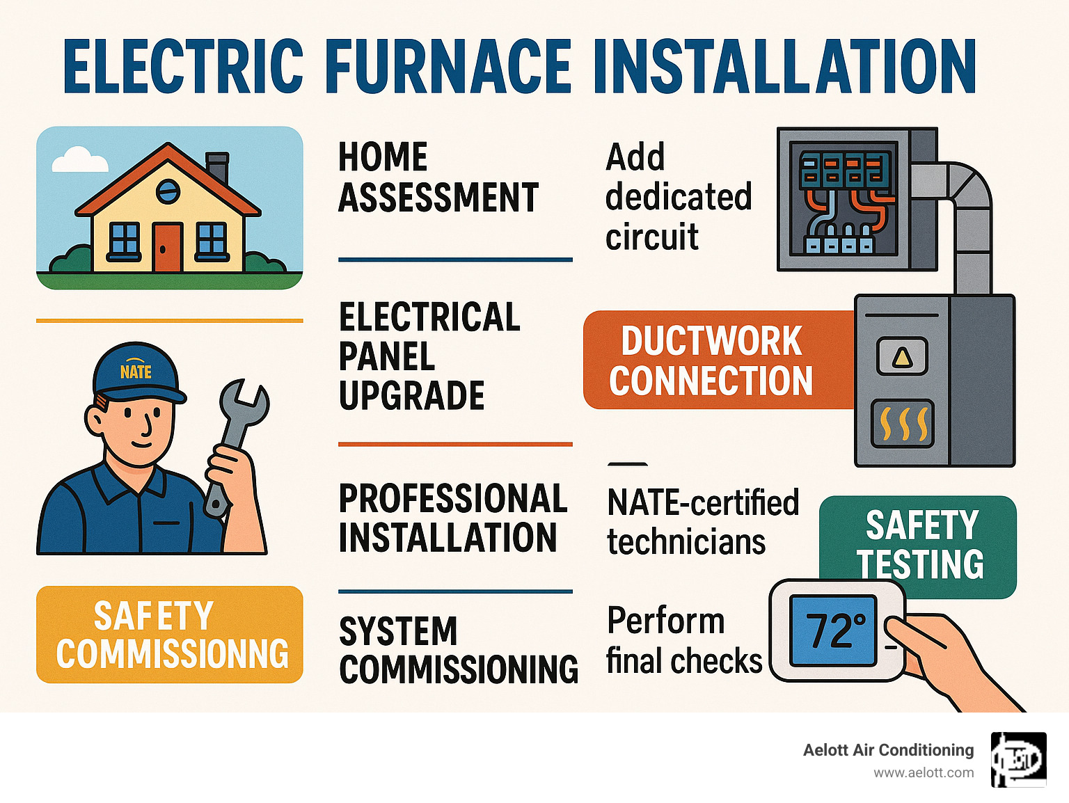 Infographic showing the complete electric furnace installation process from initial home assessment and Manual J load calculation through electrical panel upgrades, ductwork connections, professional installation by NATE-certified technicians, safety testing, and final system commissioning - electric furnace installation infographic 