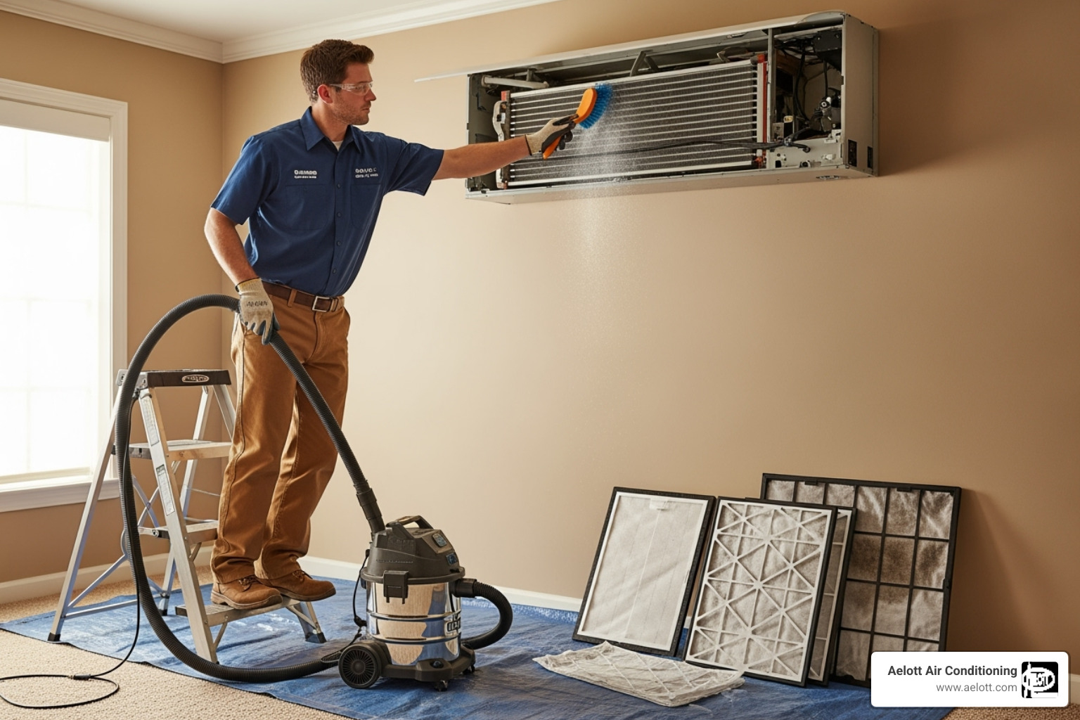 Technician cleaning an indoor HVAC component - HVAC Rancho Santa Fe