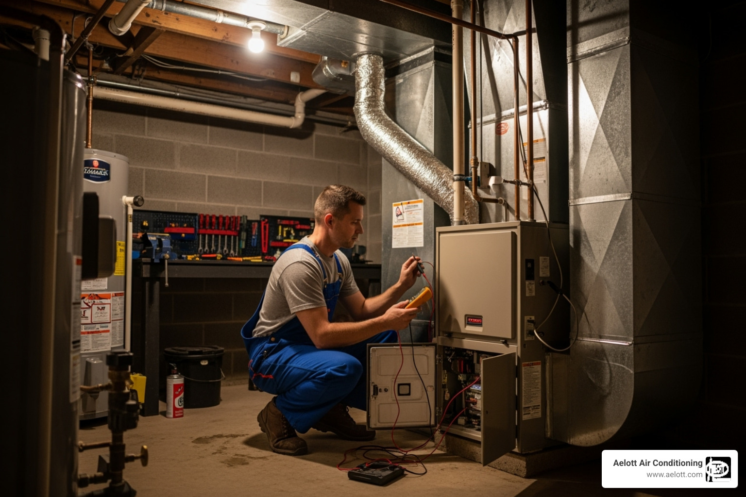 Technician servicing a furnace or heat pump - HVAC Rancho Santa Fe
