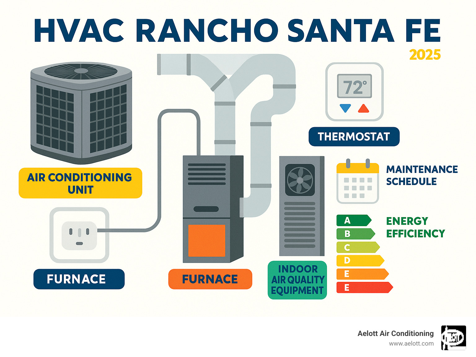 Comprehensive HVAC system components diagram showing air conditioning unit, furnace, ductwork, thermostat, and indoor air quality equipment with maintenance schedule and energy efficiency ratings - HVAC Rancho Santa Fe infographic 