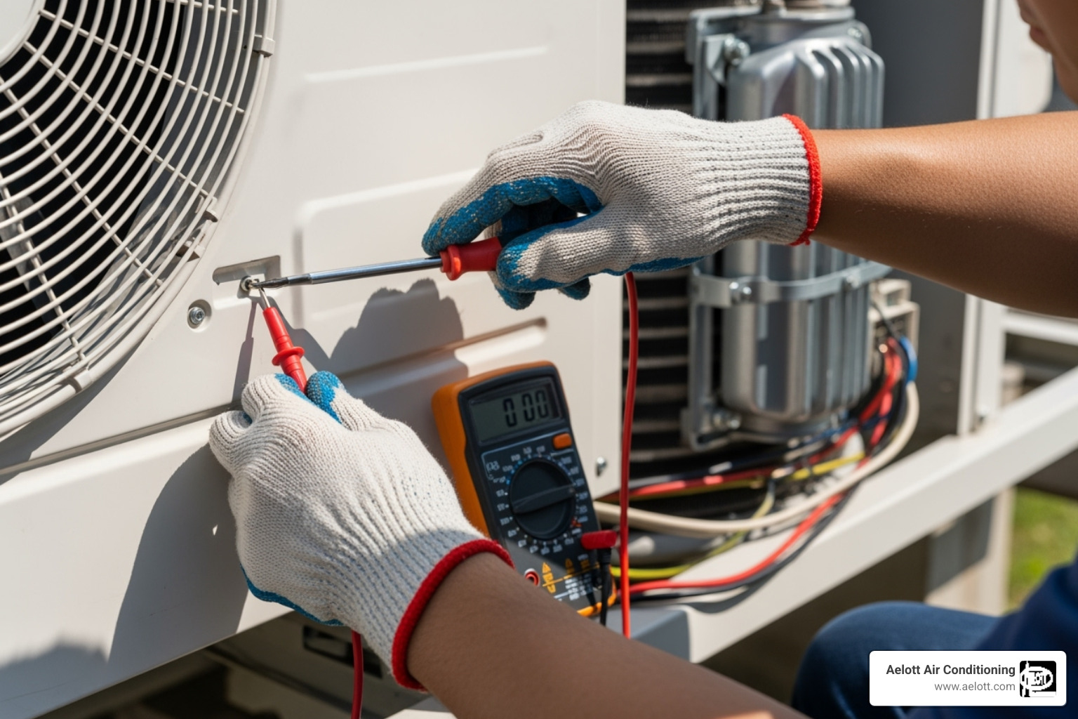 Technician inspecting an outdoor air conditioning unit - HVAC Rancho Santa Fe