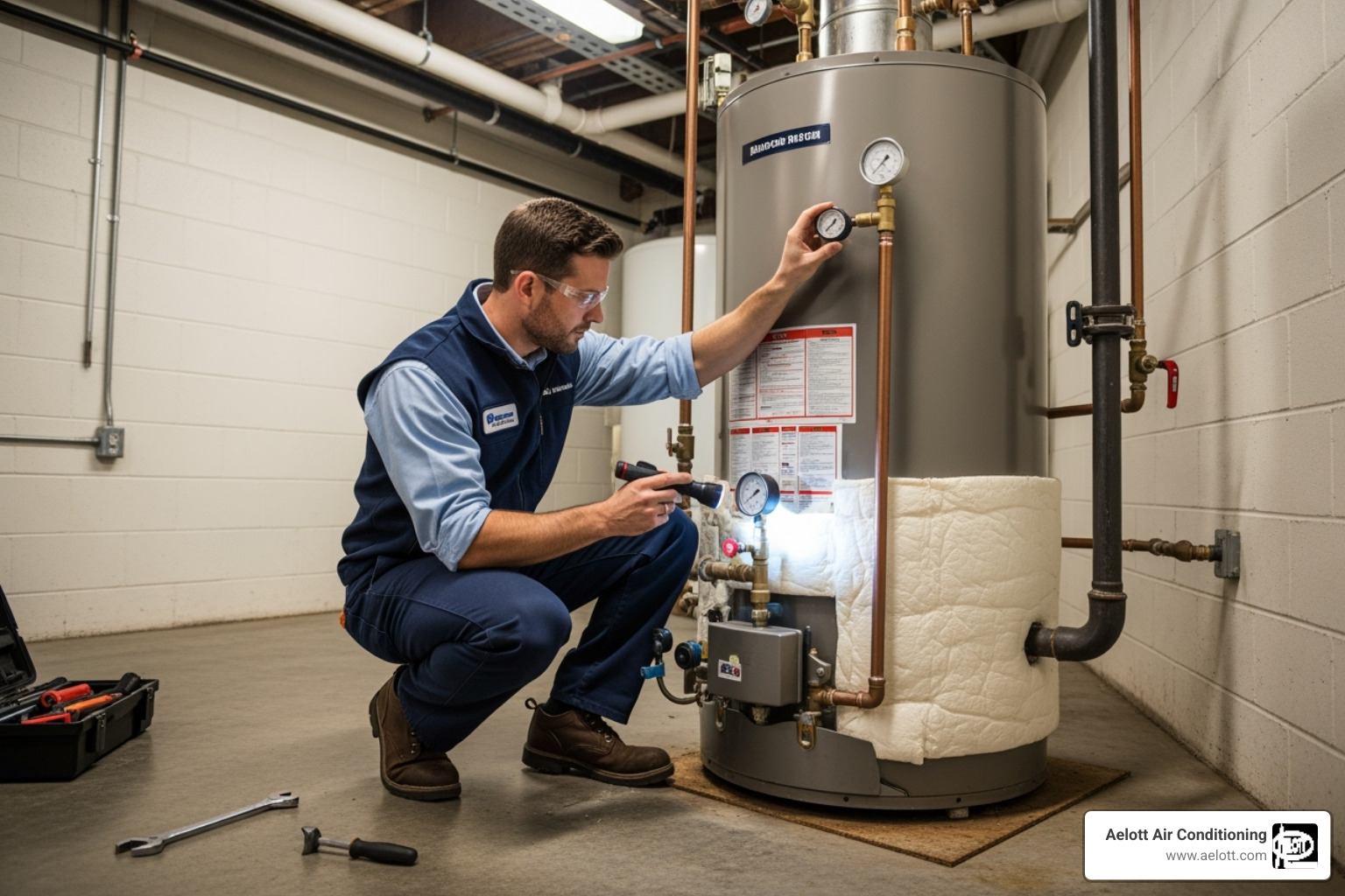 plumber inspecting a commercial water heater - business plumbing service oceanside ca