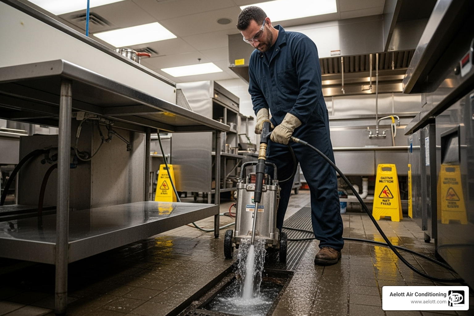 technician performing hydro-jetting on a commercial drain - business plumbing service oceanside ca