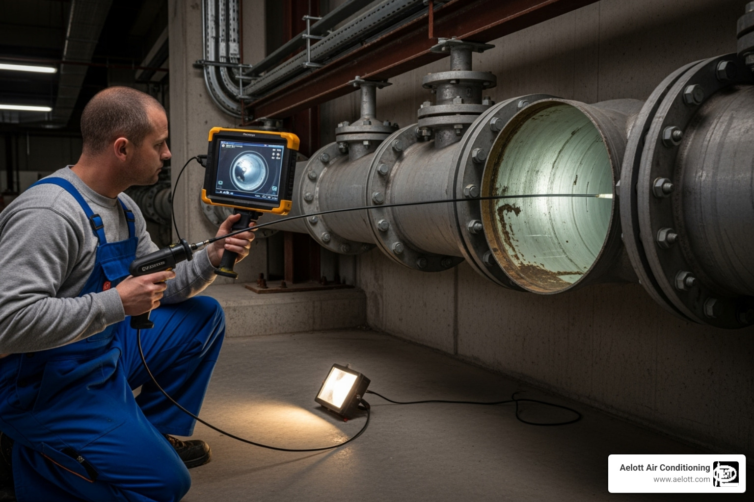 plumber using a camera inspection tool in a pipe - business plumbing service oceanside ca