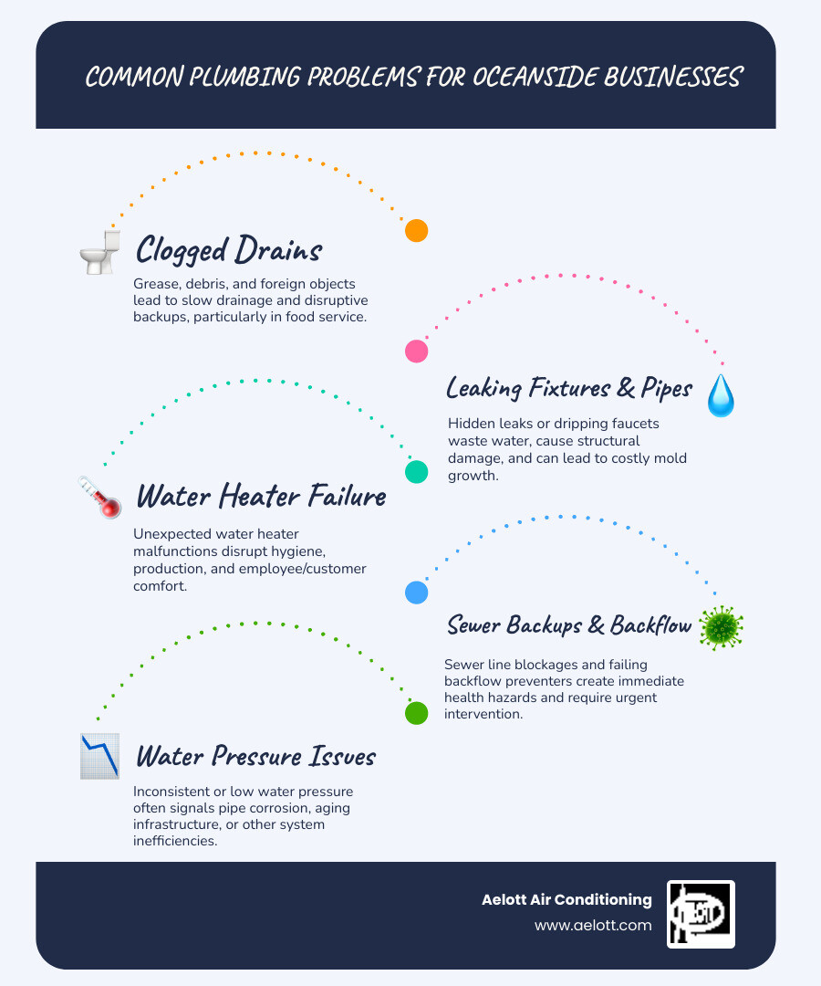 infographic showing common commercial plumbing problems in Oceanside businesses including clogged drains from grease and debris, leaking fixtures wasting water and causing damage, water pressure issues from pipe corrosion, aging infrastructure in older buildings, backflow problems requiring testing, and water heater failures disrupting operations - business plumbing service oceanside ca infographic infographic-line-5-steps-blues-accent_colors
