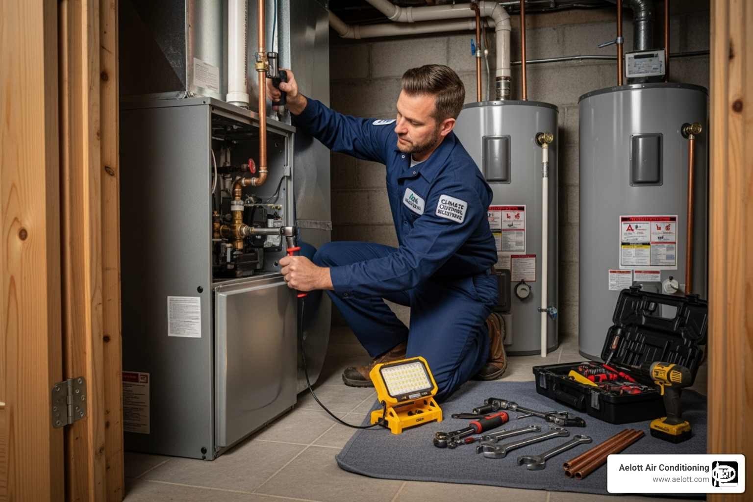 uniformed technician installing furnace - furnace installation carlsbad ca