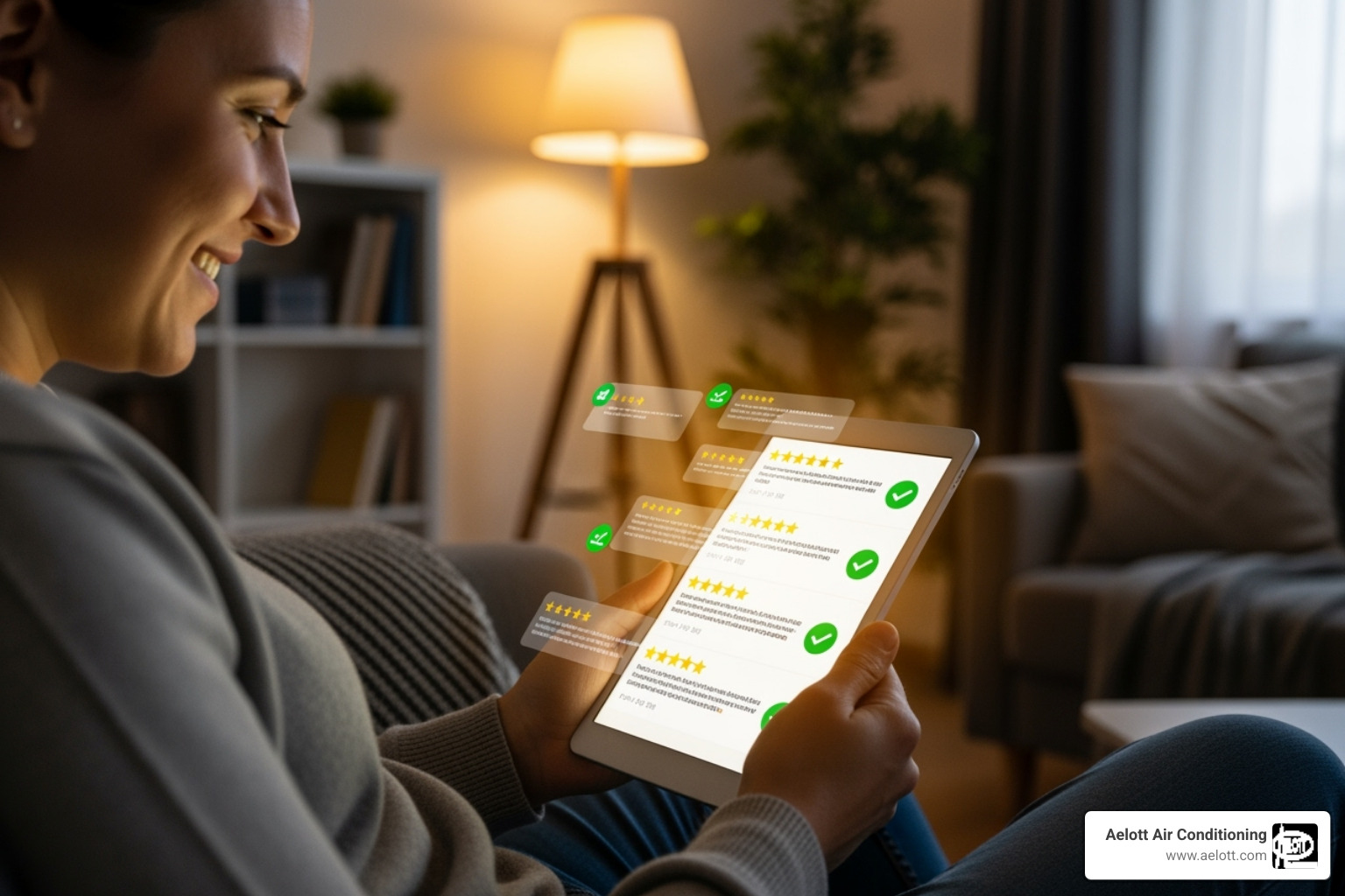 Homeowner looking at positive online reviews on a tablet - emergency plumber carlsbad ca