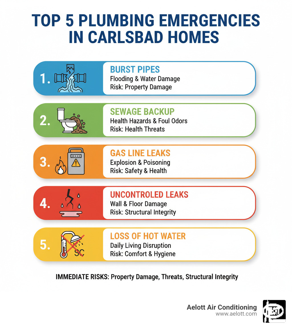 Infographic showing the top 5 plumbing emergencies in Carlsbad homes: 1. Burst pipes causing flooding and water damage, 2. Sewage backup creating health hazards and foul odors, 3. Gas line leaks posing explosion and poisoning risks, 4. Major uncontrolled leaks damaging walls and floors, 5. Complete loss of hot water affecting daily living. Each emergency shows immediate risks including property damage, health threats, and structural integrity issues. - emergency plumber carlsbad ca infographic 