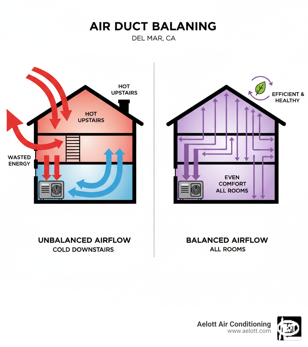 infographic showing a cross-section of a house with arrows indicating unbalanced airflow creating hot rooms upstairs and cold rooms downstairs, with properly balanced airflow shown distributing evenly to all rooms - air duct balancing del mar ca infographic 