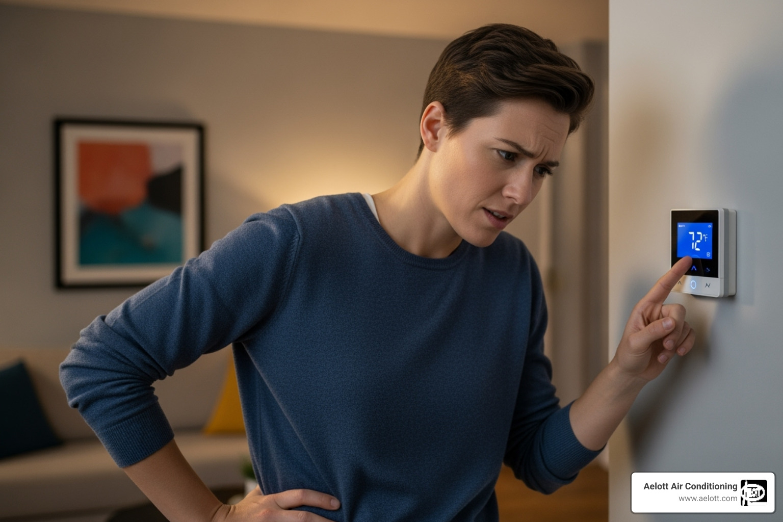 person looking frustrated at a thermostat - air duct balancing del mar ca