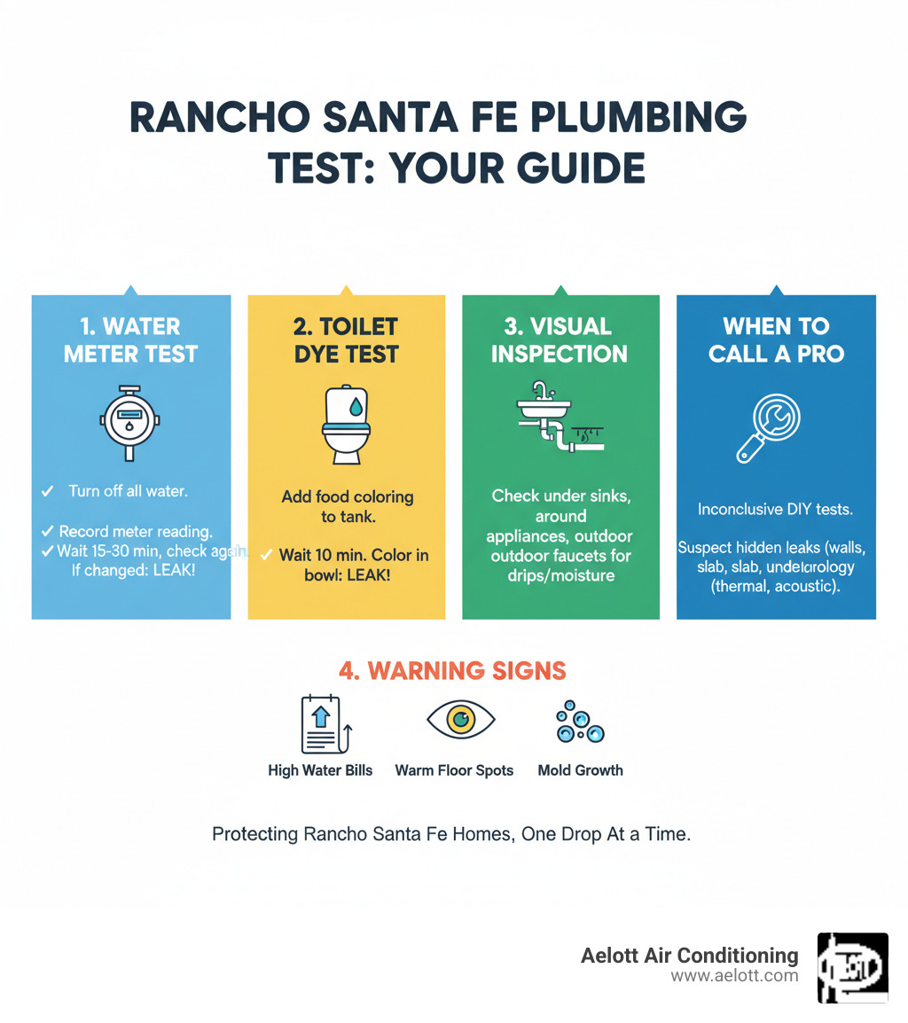 Infographic showing the complete plumbing leak test process in Rancho Santa Fe homes, including the water meter test steps, toilet dye test procedure, visual inspection checklist, warning signs that indicate a hidden leak such as unexplained high water bills warm floor spots and mold growth, and when to call a professional plumber for advanced detection technology - plumbing leak test rancho santa fe ca infographic 