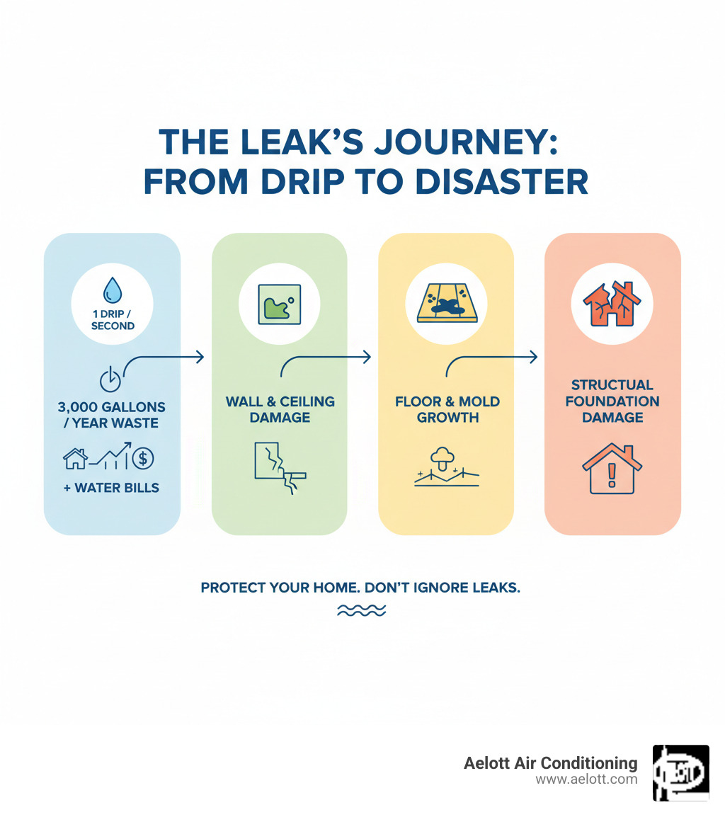 infographic showing the progression of a small leak into major water damage, with statistics on water waste from 1 drip per second equaling 3,000 gallons per year, and showing damage to walls, ceilings, floors, and foundation, plus increased water bills - leaking pipe replacement poway ca infographic 