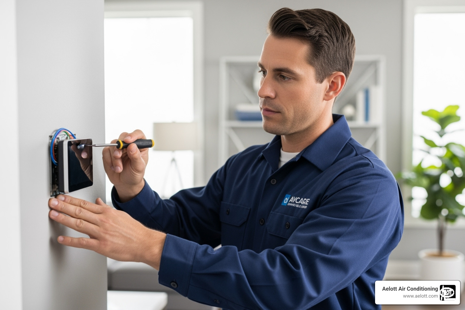 uniformed technician carefully installing a new thermostat - thermostat installation carlsbad ca