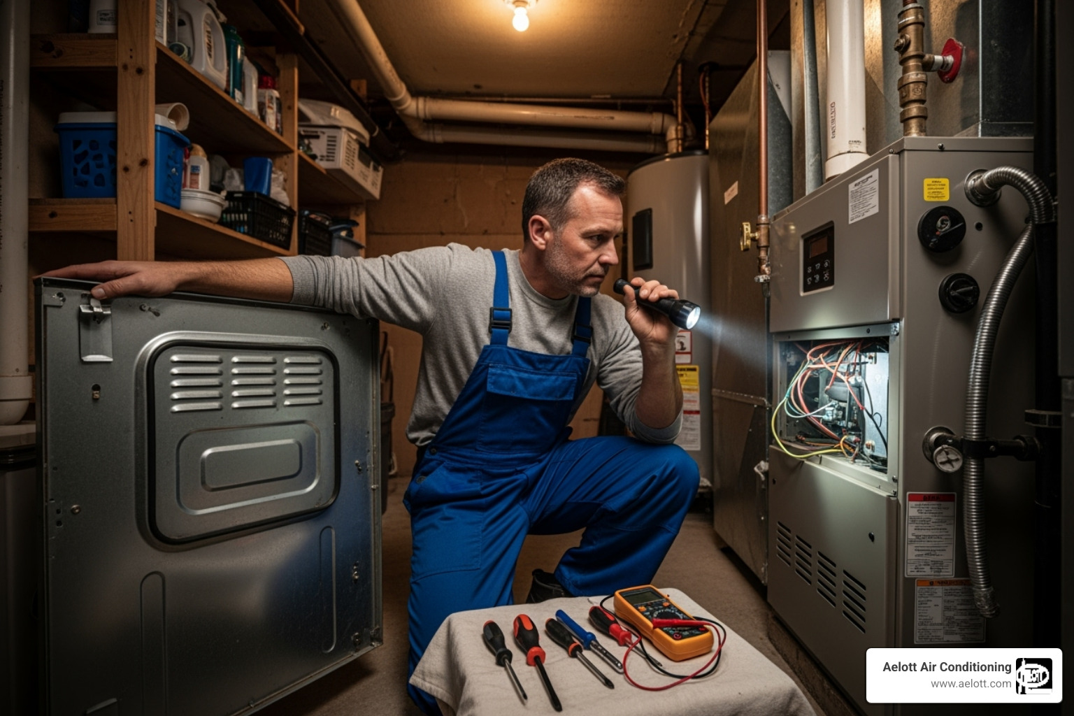 technician examining an indoor furnace unit - HVAC system inspection