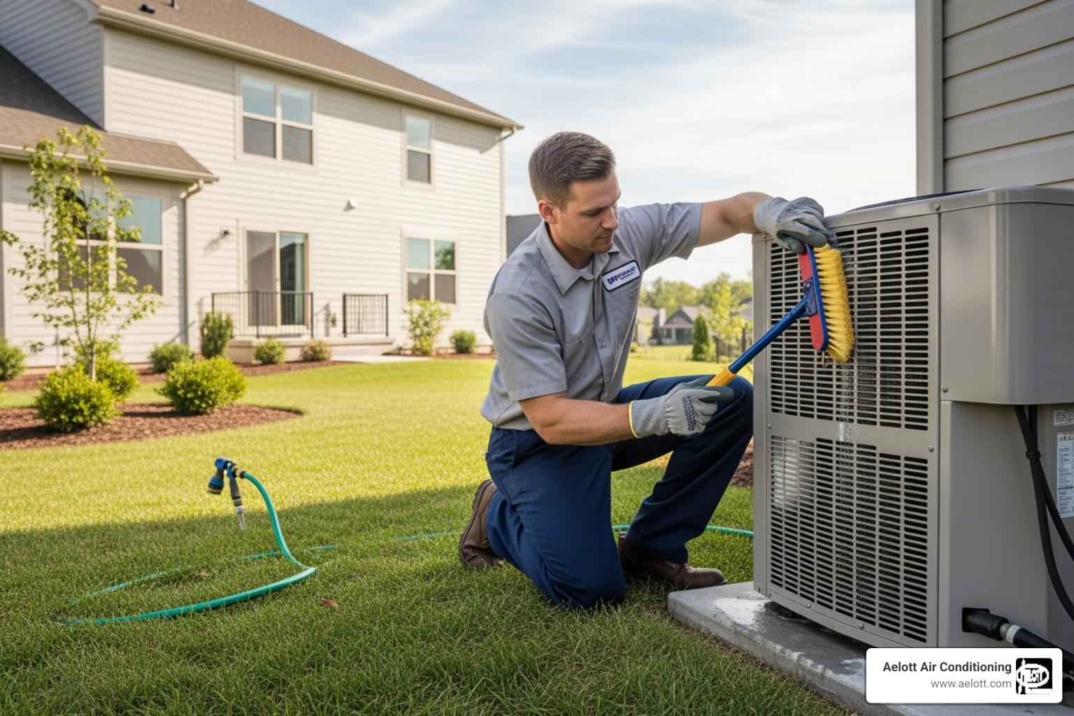 Technician cleaning the coils on an outdoor heat pump unit - heat pump installation rancho bernardo ca