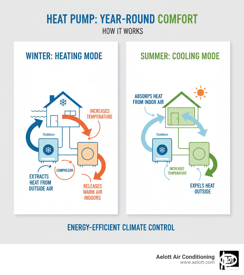 Infographic showing how heat pumps transfer heat in both heating and cooling modes: In winter, outdoor unit extracts heat from outside air, compressor increases temperature, and indoor unit releases warm air into home. In summer, process reverses with indoor unit absorbing heat and outdoor unit expelling it outside. Arrows show refrigerant flow direction and heat transfer process for both seasons. - heat pump installation rancho bernardo ca infographic 