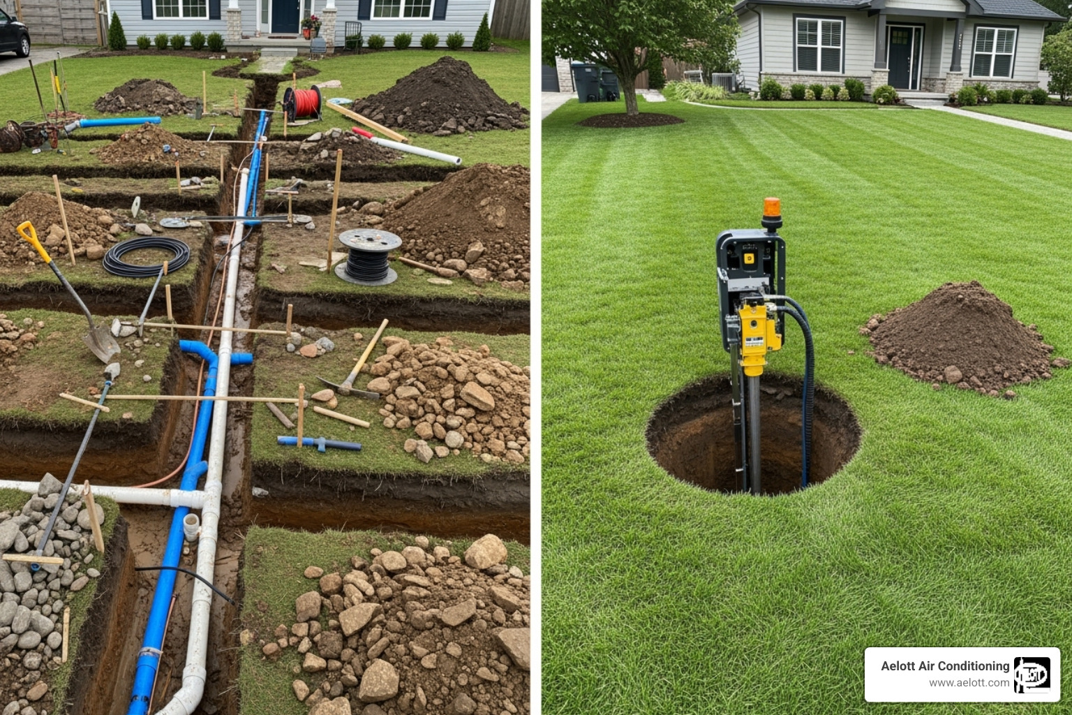 Image comparing a trenched yard to a small access point for trenchless repair - burst pipe emergency poway ca Image comparing a trenched yard to a small access point for trenchless repair - burst pipe emergency poway ca