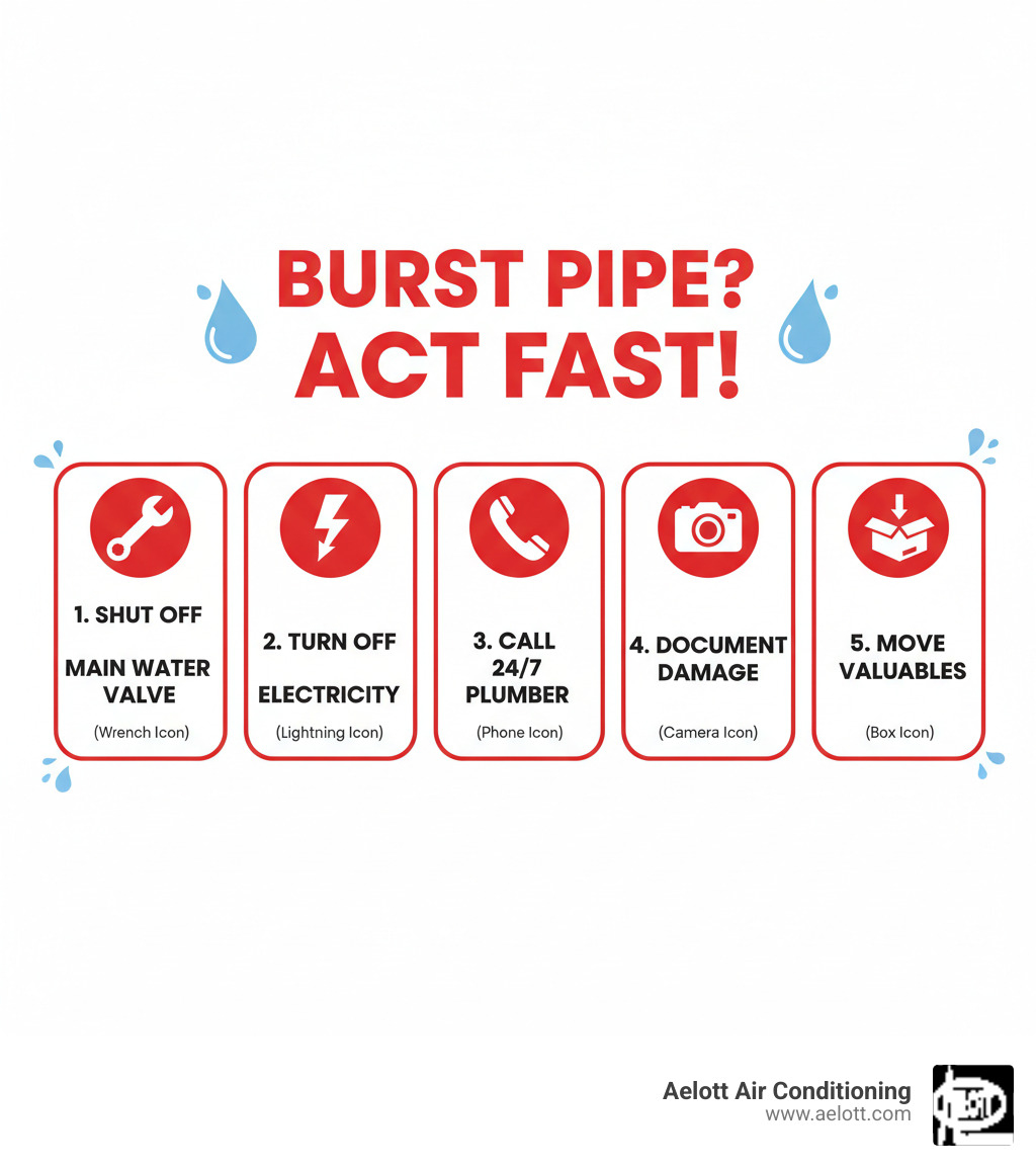 Infographic showing 5 immediate steps for burst pipe emergency: 1. Locate and shut off main water valve with wrench icon, 2. Turn off electricity at breaker box with lightning bolt icon, 3. Call 24/7 emergency plumber with phone icon, 4. Take photos/videos of damage with camera icon, 5. Move valuables to dry area with box icon. Title: "Burst Pipe? Act Fast!" with water droplet graphics and emergency red color scheme - burst pipe emergency poway ca infographic Infographic showing 5 immediate steps for burst pipe emergency: 1. Locate and shut off main water valve with wrench icon, 2. Turn off electricity at breaker box with lightning bolt icon, 3. Call 24/7 emergency plumber with phone icon, 4. Take photos/videos of damage with camera icon, 5. Move valuables to dry area with box icon. Title: "Burst Pipe? Act Fast!" with water droplet graphics and emergency red color scheme - burst pipe emergency poway ca infographic