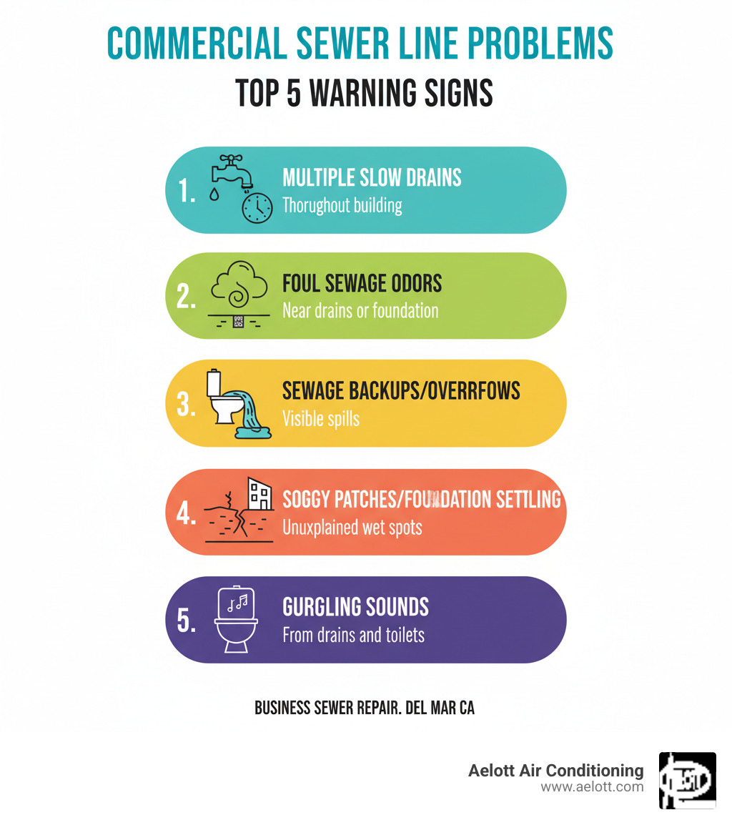 Infographic showing the top 5 signs of commercial sewer line problems: 1. Multiple slow drains throughout the building, 2. Persistent foul sewage odors near drains or foundation, 3. Sewage backups or overflows, 4. Unexplained soggy patches or foundation settling on property, 5. Gurgling sounds from drains and toilets when water runs - business sewer repair del mar ca infographic 