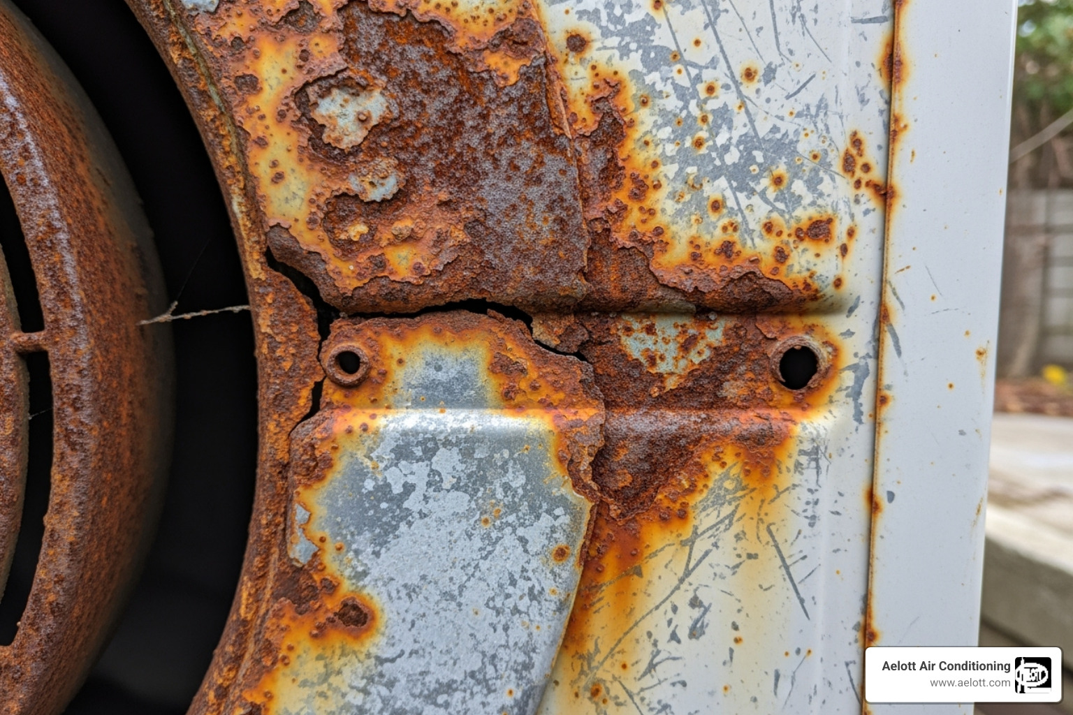 Image of a corroded metal component on an outdoor HVAC unit - furnace troubleshooting del mar ca