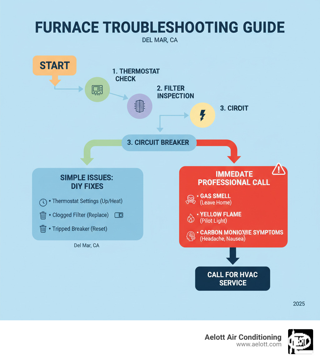 Infographic showing a flowchart for furnace troubleshooting: Start with thermostat check, then filter inspection, then circuit breaker, branching to either DIY fixes for simple issues or immediate professional call for gas smell, yellow flame, or carbon monoxide symptoms - furnace troubleshooting del mar ca infographic 