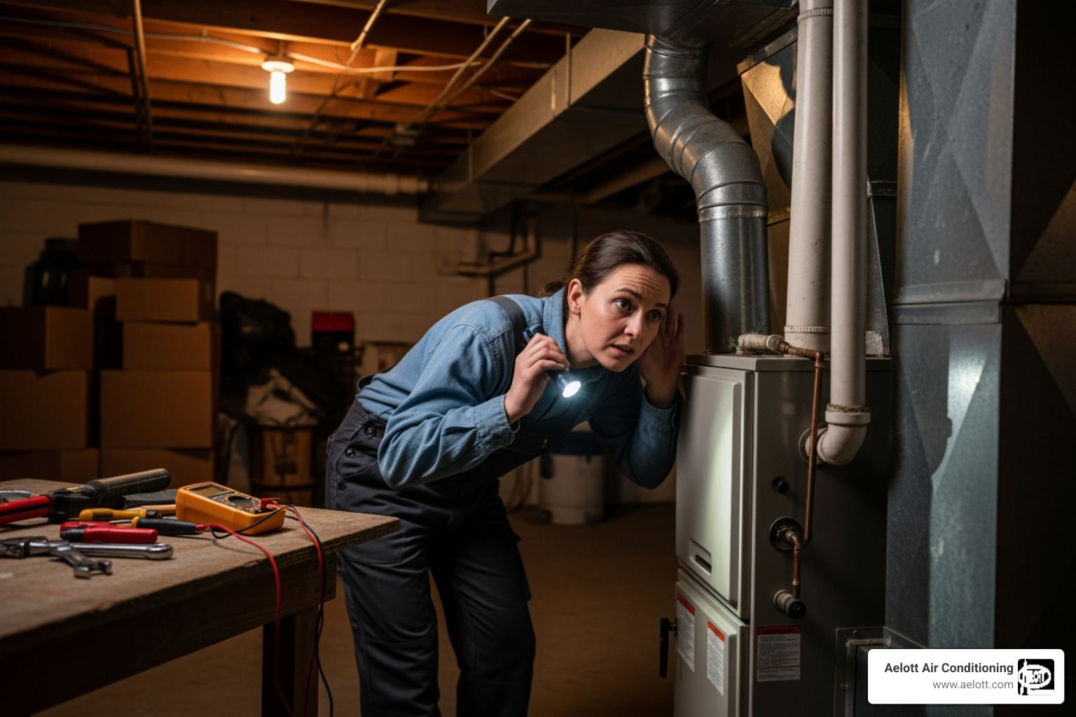 A person listening to a noisy furnace - "My heater is not working. Find me a reliable repair service in Poway."