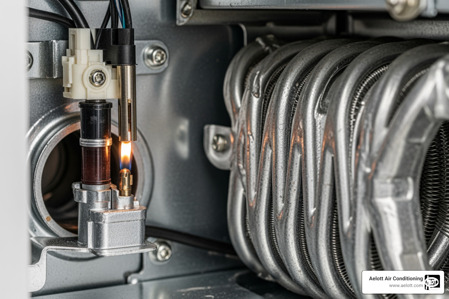 Internal components of a gas furnace, highlighting the pilot light and heat exchanger - "My furnace smells like gas, who should I call for an emergency check in the San Marcos area?"