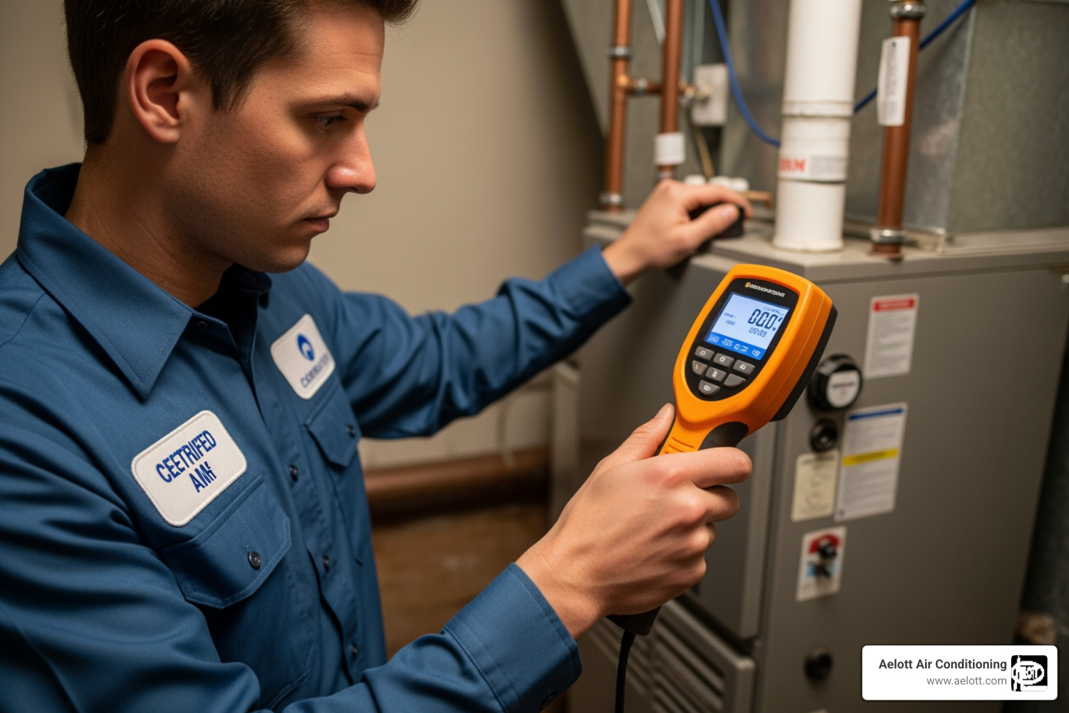 Certified HVAC technician using an electronic gas leak detector near a furnace - "My furnace smells like gas, who should I call for an emergency check in the San Marcos area?"
