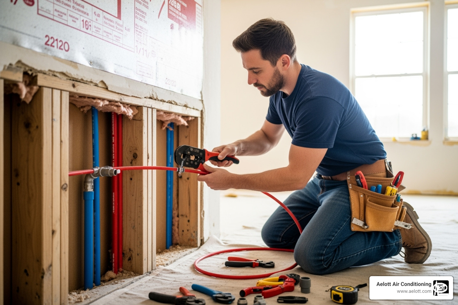 plumber carefully laying new PEX pipes in an open wall - whole house repiping oceanside ca