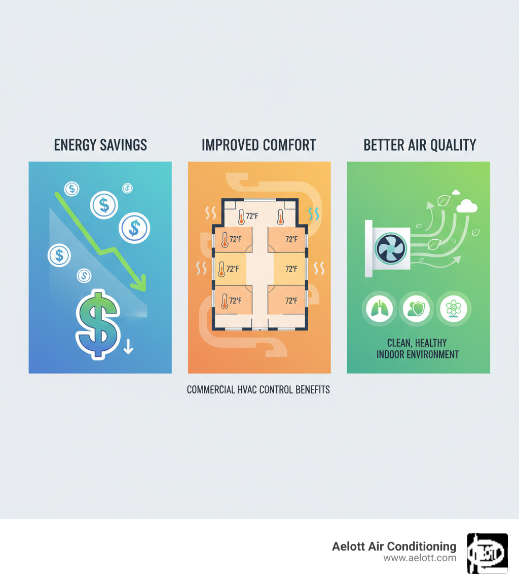 infographic showing three main benefits of commercial HVAC control systems: left section displays energy savings with dollar signs and downward trending graph, center section shows improved comfort with consistent temperature zones in a building layout, right section illustrates improved air quality with clean air flow and healthy indoor environment icons - commercial hvac control rancho bernardo ca infographic 
