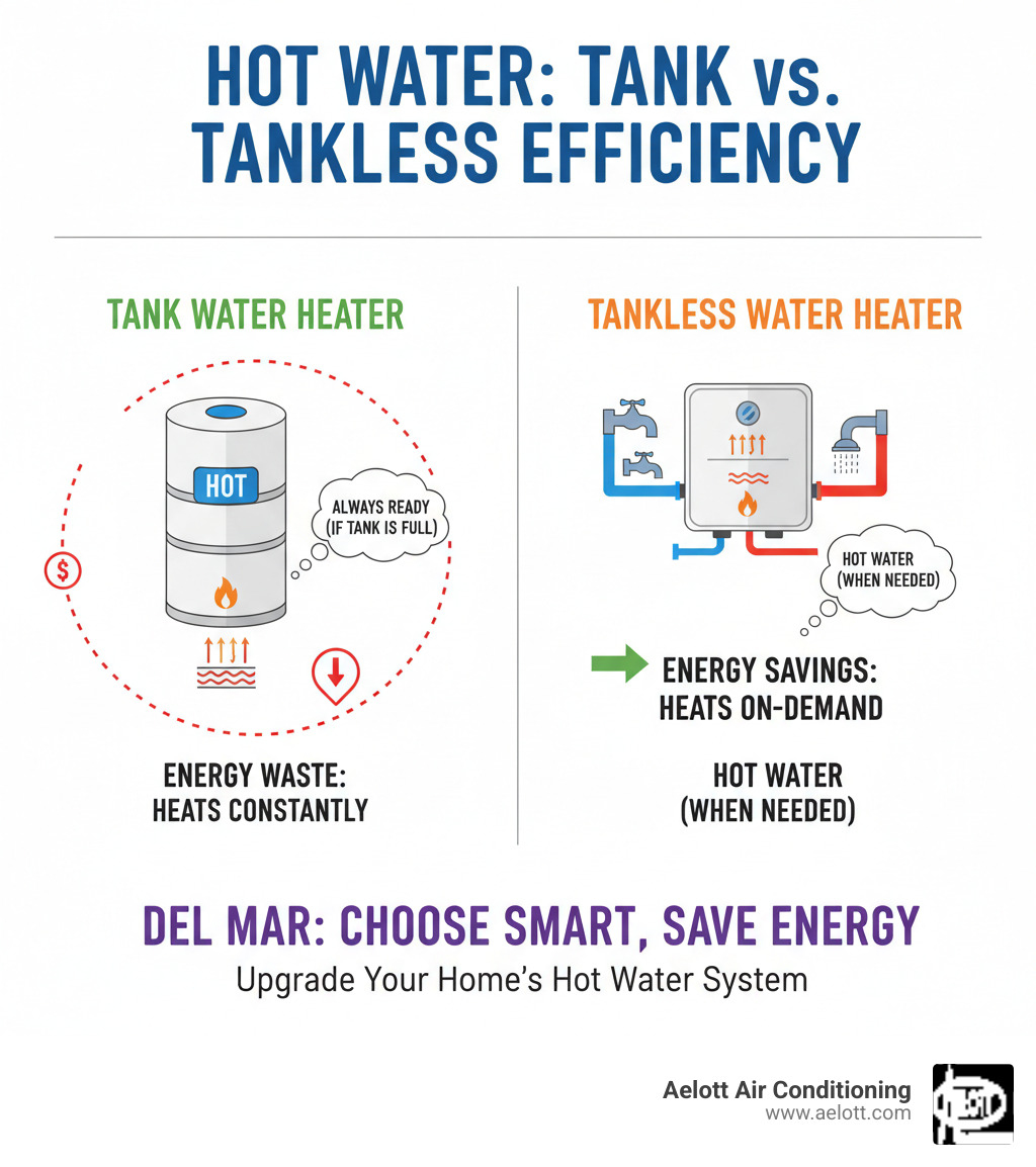 infographic showing tank water heater with storage tank heating water continuously versus tankless water heater heating water on-demand only when faucet opens, highlighting energy waste in tank systems and efficiency of tankless systems - install new water heater del mar ca infographic 