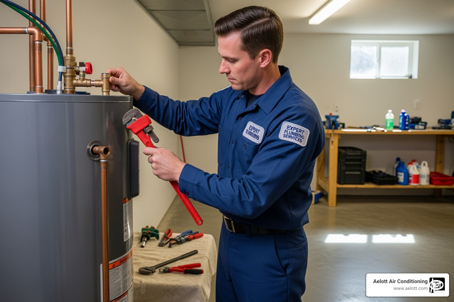 uniformed technician installing water heater - install new water heater del mar ca