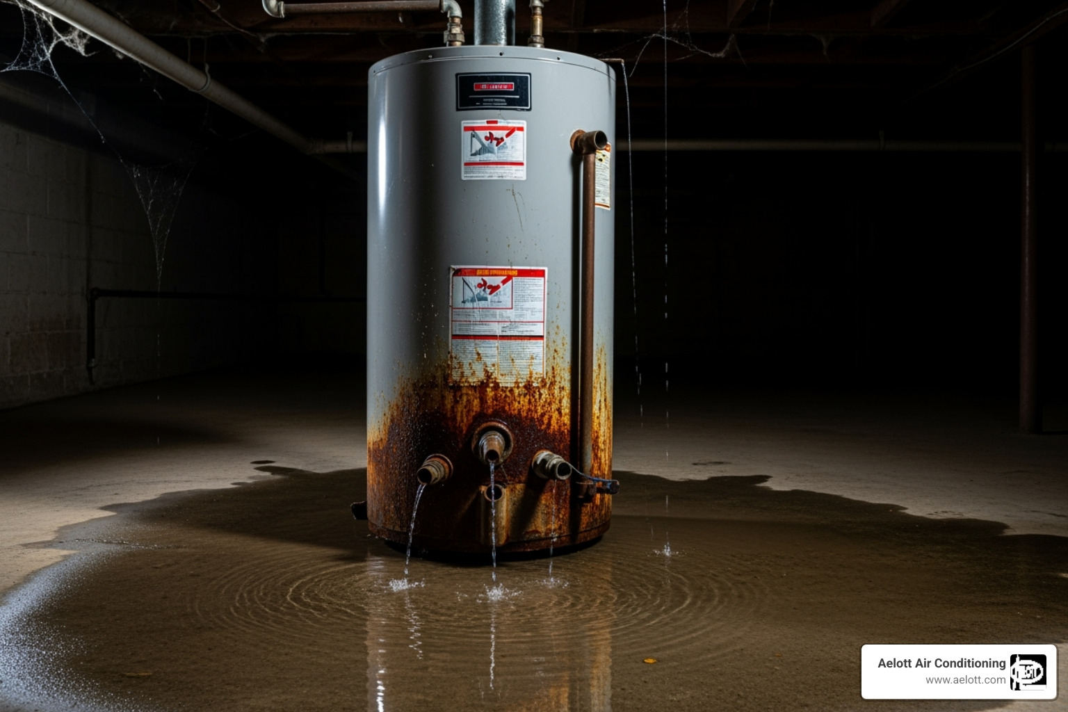 old rusty water heater with puddle - install new water heater del mar ca