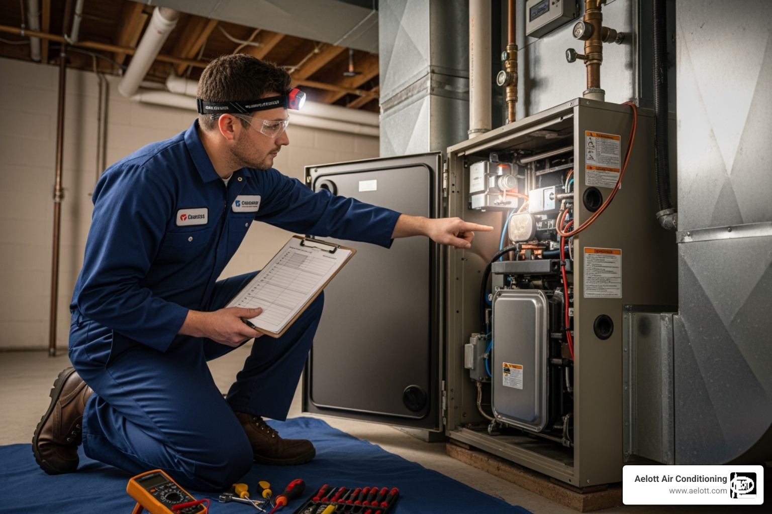 HVAC technician inspecting a furnace with a checklist - furnace check up